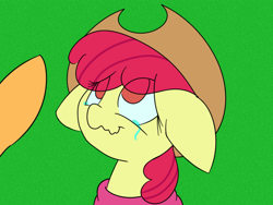 Size: 1000x750 | Tagged: safe, artist:eow, character:apple bloom, character:applejack, applejack's hat, clothing, cowboy hat, crying, floppy ears, hat, wavy mouth