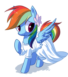 Size: 882x1009 | Tagged: safe, artist:reuniclus, character:rainbow dash, species:pegasus, species:pony, clothing, cute, dashabetes, dress, female, flower, flower in hair, mare, raised hoof, shadow, simple background, solo, wedding dress, white background