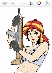 Size: 1438x2037 | Tagged: safe, artist:z-y-c, character:sunset shimmer, species:human, alternate hairstyle, assault rifle, female, fn scar, gun, humanized, lipstick, rifle, weapon