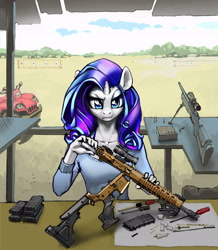 Size: 2894x3322 | Tagged: safe, artist:vombavr, character:rarity, species:anthro, species:pony, species:unicorn, aimpoint, ar15, comp m2, female, gun, horn, magpul, optical sight, picatinny rail, reflex sight, rifle, sniper rifle, solo, weapon