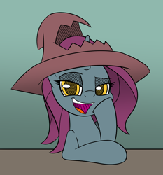 Size: 2000x2150 | Tagged: safe, artist:esfelt, oc, oc only, oc:mistral dusk, species:pony, species:unicorn, clothing, female, grin, hat, lidded eyes, looking at you, mare, open mouth, raised hoof, simple background, smiling, solo, table