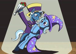 Size: 3508x2480 | Tagged: safe, artist:peichenphilip, character:jack pot, character:trixie, g4, blushing, cape, clothing, father and daughter, female, flower, hat, implied incest, incest, jackxie, male, shipping, spotlight, straight, trixie's cape, trixie's hat