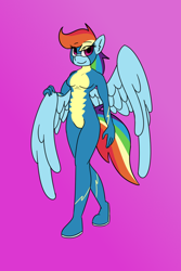 Size: 800x1200 | Tagged: safe, alternate version, artist:eow, derpibooru original, character:rainbow dash, species:anthro, clothing, looking at you, simple background, smiling, uniform, wings, wonderbolts, wonderbolts uniform