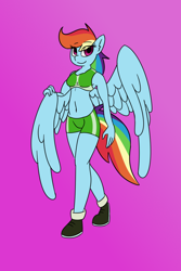 Size: 800x1200 | Tagged: safe, alternate version, artist:eow, derpibooru original, character:rainbow dash, species:anthro, belly button, clothing, looking at you, midriff, shoes, sports bra, sports shorts, wings