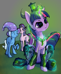 Size: 1500x1811 | Tagged: safe, artist:mistleinn, character:starlight glimmer, character:trixie, character:twilight sparkle, species:pony, species:unicorn, clothing, corrupted twilight sparkle, female, hat, horns, jewelry, necklace, necromancy, sitting