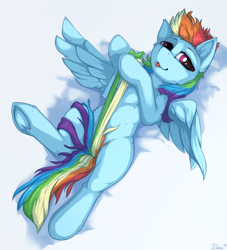 Size: 1164x1280 | Tagged: safe, artist:blackkaries, character:rainbow dash, species:pegasus, species:pony, female, fluffy, looking at you, mare, on back, semi-anthro, solo, strategically covered, tail, tail pull, tongue out, wings