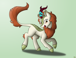 Size: 4000x3067 | Tagged: safe, artist:starlessnight22, character:autumn blaze, species:kirin, episode:sounds of silence, g4, my little pony: friendship is magic, absurd resolution, blushing, ear fluff, female, glowing horn, green background, horn, inkscape, looking at you, open mouth, prancing, raised hoof, scales, simple background, solo, tongue out, trotting, vector