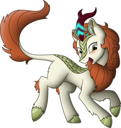 Size: 4000x4227 | Tagged: safe, alternate version, artist:starlessnight22, character:autumn blaze, species:kirin, episode:sounds of silence, g4, my little pony: friendship is magic, absurd resolution, background removed, blushing, ear fluff, female, glowing horn, horn, inkscape, looking at you, magic, open mouth, prancing, raised hoof, scales, simple background, solo, transparent background, trotting, vector