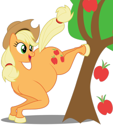 Size: 1900x2100 | Tagged: safe, artist:shitigal-artust, character:applejack, species:earth pony, species:pony, anatomically incorrect, apple, apple tree, applebucking, applejack mid tree-buck facing the left with 3 apples falling down, applejack mid tree-buck with 3 apples falling down, applejack's hat, chubby, clothing, cowboy hat, falling, female, food, hat, hoers, incorrect leg anatomy, looking back, mare, open mouth, simple background, smiling, solo, transparent background, tree, what has magic done, what has science done