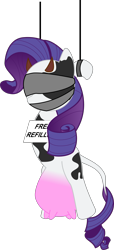 Size: 1592x3480 | Tagged: safe, artist:shitigal-artust, character:rarity, species:cow, blindfold, bondage, cloth gag, cow pony, cowified, cuffs, drink dispenser, exhibitionism, female, femsub, gag, humiliation, implied milking, living object, public use, raricow, sign, simple background, solo, species swap, submissive, suspended, transparent background, udder