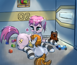 Size: 2000x1694 | Tagged: safe, artist:mistleinn, oc, oc only, oc:littlepip, oc:littlepip's mother, species:pony, species:unicorn, fallout equestria, blank flank, clothing, cutie mark, duo, eyes closed, fanfic, fanfic art, female, filly, green eyes, heart, hooves, horn, mare, mother, mother and daughter, socks, stable-tec, striped socks, toy, toy car, winnie the pooh, young