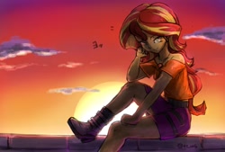Size: 2039x1377 | Tagged: safe, artist:oberon826, character:sunset shimmer, g4, my little pony: equestria girls, my little pony:equestria girls, belt, boots, brick wall, clothing, female, geode of empathy, high heel boots, legs, miniskirt, shoes, skirt, smiling, smirk, solo, sunset, sunshine shimmer