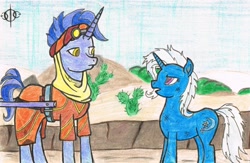 Size: 1568x1024 | Tagged: safe, artist:assertiveshypony, character:hoo'far, character:trixie, species:pony, species:unicorn, episode:on the road to friendship, cactus, clothing, duo, female, goggles, male, mare, prickly pear, saddle arabian, stallion