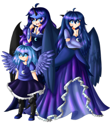 Size: 1580x1765 | Tagged: safe, artist:kawurin, character:nightmare moon, character:princess luna, species:human, clothing, dress, female, filly, humanized, lunar trinity, self paradox, simple background, transparent background, woona, younger