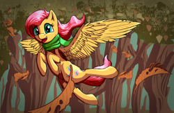 Size: 1728x1127 | Tagged: safe, artist:shaliwolf, character:fluttershy, species:pegasus, species:pony, autumn, clothing, cute, female, flying, leaf, leaves, looking at you, mare, open mouth, scarf, shyabetes, smiling, solo, spread wings, tree, windswept mane, wings
