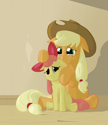 Size: 2000x2300 | Tagged: safe, artist:jakneurotic, character:apple bloom, character:applejack, species:earth pony, species:pony, apple sisters, crying, duo, duo female, female, filly, floppy ears, foal, high res, mare, sad, siblings, sisters, sitting, smiling