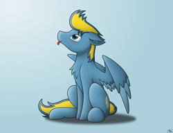 Size: 4000x3067 | Tagged: safe, artist:starlessnight22, oc, oc only, oc:bolterdash, species:pegasus, species:pony, blushing, chest fluff, ear fluff, gradient background, inkscape, looking up, male, simple background, sitting, solo, stallion, tongue out, vector
