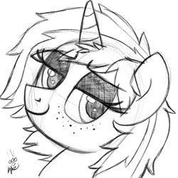 Size: 1024x1024 | Tagged: safe, artist:kazzysart, oc, oc only, oc:sign, species:pony, species:unicorn, bust, female, freckles, grayscale, lidded eyes, mare, monochrome, solo