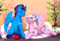 Size: 2300x1600 | Tagged: safe, artist:varllai, oc, oc only, oc:andrew swiftwing, oc:bay breeze, species:pegasus, species:pony, boop, bubble, couple, cute, duo, eyes closed, female, male, mare, nose wrinkle, noseboop, pillow, plant, smiling, stallion, swiftbreeze, ych result