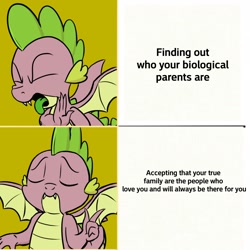 Size: 2048x2048 | Tagged: safe, artist:pony-berserker edits, edit, character:spike, species:dragon, episode:father knows beast, episode:molt down, g4, my little pony: friendship is magic, comic, drake, eyes closed, male, meme, pun, solo, visual gag, winged spike