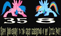 Size: 2032x1192 | Tagged: safe, artist:mellow91, derpibooru original, character:firefly, character:rainbow dash, species:pegasus, species:pony, g1, g4, 1000 hours in ms paint, 35th anniversary, black background, duo, female, g1 to g4, generation leap, happy birthday mlp:fim, mare, mlp fim's eighth anniversary, raised hoof, simple background, smiling, text