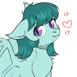 Size: 2000x2000 | Tagged: safe, artist:avrameow, oc, oc only, oc:aster bloom, species:bat pony, species:pony, chest fluff, cute, fangs, female, floating heart, heart, looking at you, mare, simple background, solo, white background