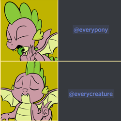 Size: 835x835 | Tagged: safe, artist:pony-berserker edits, edit, character:spike, species:dragon, @everyone, comic, discord (software), drake, everycreature, everypony, eyes closed, fangs, frown, male, meme, open mouth, pointing, politically correct, smiling, solo, spread wings, technically correct, tongue out, wat, winged spike, wings