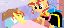 Size: 1600x706 | Tagged: safe, artist:thomaszoey3000, character:sunset shimmer, oc, oc:sunny rays shimmer, bed, chair, clothing, dress