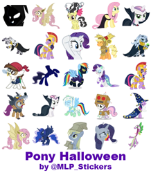 Size: 364x418 | Tagged: safe, artist:mlpcreativelab, character:applejack, character:derpy hooves, character:flutterbat, character:fluttershy, character:pipsqueak, character:princess luna, character:rainbow dash, character:rarity, character:scootaloo, character:spike, character:sweetie belle, character:twilight sparkle, character:twilight sparkle (alicorn), character:zecora, species:alicorn, species:bat pony, species:earth pony, species:pegasus, species:pony, species:unicorn, episode:28 pranks later, episode:bats!, episode:luna eclipsed, episode:scare master, g4, my little pony: friendship is magic, animal costume, armor, astrodash, athena sparkle, bat ponified, bride of frankenstein, clothing, cookie zombie, costume, dracula, halloween, headless, headless horse, holiday, mermaid, mermarity, nightmare night costume, paper bag, paper bag wizard, pirate, race swap, shadowbolt dash, shadowbolts costume, simple background, star swirl the bearded costume, telegram sticker, white background, wolf costume