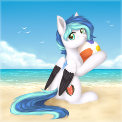 Size: 2000x2000 | Tagged: safe, artist:avrameow, oc, oc only, oc:jewel blue, parent:oc:looic, parent:oc:shadow blue, parents:shadooic, species:pegasus, species:pony, beach, beach ball, curious, cute, cutie mark, female, filly, fluffy, high res, looking at you, solo, spread wings, sun, surprised, wings