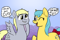 Size: 3000x2000 | Tagged: safe, artist:tacodeltaco, derpibooru original, character:bubbles (g1), character:derpy hooves, 35th anniversary, bow, looking at each other, tail bow