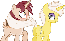 Size: 1157x740 | Tagged: safe, artist:shiiazu, base used, oc, oc only, oc:pepper dust, oc:sunset skies, species:deer, species:pony, species:unicorn, bedroom eyes, blushing, blushing profusely, couple, cutie mark, eyeshadow, femboy, gay, looking back, makeup, male, markings, oc x oc, original species, seductive, seductive look, shipping, simple background, smiling, speechless, tail, tail seduce, this will end in snu snu, transparent background, unideer