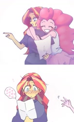 Size: 1053x1727 | Tagged: safe, artist:xp_r6, character:pinkie pie, character:sunset shimmer, ship:sunsetpie, my little pony:equestria girls, blushing, eyes closed, female, heart, hug, lesbian, letter, shipping, simple background, white background