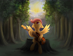 Size: 2887x2199 | Tagged: safe, artist:klarapl, character:rainbow dash, character:scootaloo, species:pegasus, species:pony, bass guitar, feels, female, filly, floppy ears, forest, left handed, looking up, misleading thumbnail, musical instrument, not fluttershy, rainbow trail, sad, scootabass, scootaloo can't fly, sitting, solo, tree, tree stump