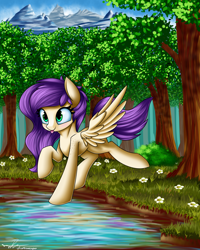 Size: 4000x5000 | Tagged: safe, artist:supermoix, oc, oc only, oc:darya breeze, species:pegasus, species:pony, cute, flower, forest, lake, mountain, solo, tongue out, tree