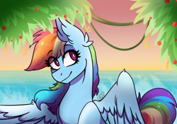 Size: 1000x700 | Tagged: safe, artist:vale-bandicoot96, character:rainbow dash, species:pegasus, species:pony, beach, cute, dashabetes, ear fluff, eye clipping through hair, female, mare, solo, sunset, white pupils, wing fluff