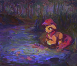 Size: 2027x1751 | Tagged: safe, artist:malinetourmaline, character:roseluck, species:earth pony, species:pony, behaving like a cat, collar, digital art, female, fish, forest, mare, pet tag, pond, pony pet, river, rosepet, water