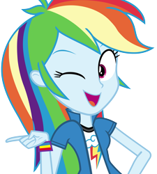 Size: 3500x3890 | Tagged: safe, artist:mlpcreativelab, character:rainbow dash, equestria girls:rainbow rocks, g4, my little pony: equestria girls, my little pony:equestria girls, .ai available, .svg available, female, high res, looking at you, one eye closed, open mouth, pointing, simple background, smiling, solo, transparent background, vector, wink, wristband