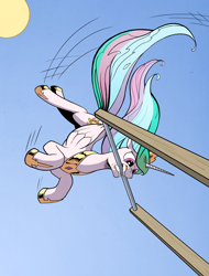 Size: 1280x1680 | Tagged: safe, artist:bra1neater, character:princess celestia, species:alicorn, species:pony, action pose, female, frown, glare, good trick, gritted teeth, gymnastics, hoof shoes, i can't believe it's not idw, majestic as fuck, mare, mouth hold, peytral, solo, spinning, sun, swinging, uneven bars, upside down