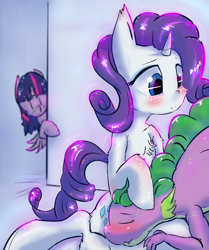 Size: 1700x2029 | Tagged: safe, artist:mistleinn, character:rarity, character:spike, character:twilight sparkle, character:twilight sparkle (alicorn), species:alicorn, species:dragon, species:pony, species:unicorn, ship:sparity, blushing, female, head on lap, male, shipping, sitting, straight