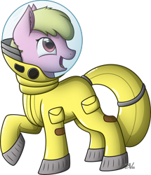 Size: 4000x4645 | Tagged: safe, artist:starlessnight22, oc, oc:puppysmiles, species:earth pony, species:pony, fallout equestria, crossover, ear fluff, fallout, fallout equestria: pink eyes, fanfic, fanfic art, female, filly, foal, hazmat suit, hooves, looking up, open mouth, radiation suit, raised hoof, simple background, solo, transparent background, vector