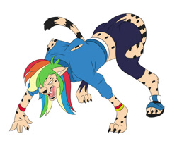 Size: 1000x800 | Tagged: safe, artist:tfsubmissions, character:rainbow dash, my little pony:equestria girls, cheetah, claws, clothing, feral, ripping clothes, simple background, solo, transformation, white background