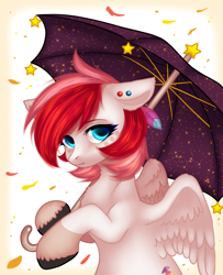 Size: 1402x1728 | Tagged: safe, artist:avrameow, oc, oc only, oc:rouge swirl, species:pegasus, species:pony, commission, digital art, ear piercing, female, looking at you, mare, piercing, red hair, red mane, red tail, solo, umbrella, ych result