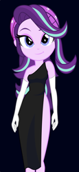 Size: 886x1920 | Tagged: safe, artist:cinderfall, edit, character:starlight glimmer, equestria girls:mirror magic, g4, my little pony: equestria girls, my little pony:equestria girls, spoiler:eqg specials, beanie, black background, black dress, clothing, dress, fancy, female, gloves, hat, long gloves, long hair, looking at you, side slit, simple background, solo, vector