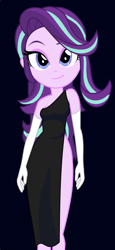 Size: 886x1920 | Tagged: safe, artist:cinderfall, edit, character:starlight glimmer, my little pony:equestria girls, black background, black dress, clothing, dress, evening gloves, fancy, female, gloves, long gloves, looking at you, simple background, solo, vector