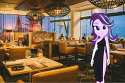 Size: 2400x1597 | Tagged: safe, artist:cinderfall, edit, character:starlight glimmer, my little pony:equestria girls, black dress, clothing, dress, fancy, female, looking at you, realistic, restaurant, solo