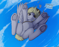 Size: 1280x1024 | Tagged: safe, artist:blackkaries, character:derpy hooves, species:pegasus, species:pony, adorasexy, cute, featureless crotch, female, frog (hoof), incoming, it's coming right at us, looking at you, mail, mare, sexy, sky, smiling, solo, underhoof, wings, worm's eye view