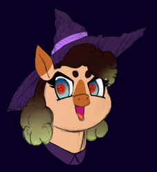 Size: 2587x2841 | Tagged: safe, artist:/d/non, artist:tacodeltaco, oc, oc only, oc:heartspring, bust, clothing, hat, pentagram, pentagram eyes, purple background, simple background, solo, wingding eyes, witch hat