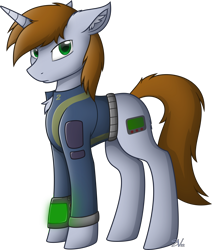 Size: 4000x4712 | Tagged: safe, artist:starlessnight22, oc, oc only, oc:littlepip, species:pony, species:unicorn, fallout equestria, chest fluff, clothing, crossover, ear fluff, fallout, fanfic, fanfic art, female, hooves, horn, looking at you, mare, pipbuck, simple background, solo, standing, transparent background, vault suit, vector