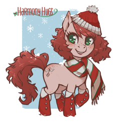 Size: 3026x3272 | Tagged: safe, artist:taytinabelle, oc, oc only, oc:harmony hugs, species:earth pony, species:pony, blushing, boots, christmas, clothing, cute, female, freckles, green eyes, hat, heart eyes, holiday, looking at you, mare, raised hoof, scarf, secret santa, shoes, snow, solo, wingding eyes